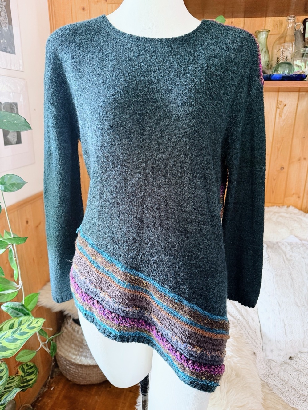 Boho Textured Asymmetrical Knit Sweater Teal Purple Brown Long Sleeve